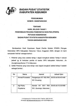 Hasil Seleksi Tahap 1 Penerimaan Petugas Kebersihan 2020