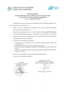 Pengumuman Hasil Pretest dan Jadwal Tes Wawancara Calon Petugas Lapangan SP2020 LF