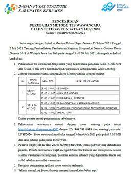 PENGUMUMAN PERUBAHAN METODE TES WAWANCARA  CALON PETUGAS PENDATAAN LF SP2020