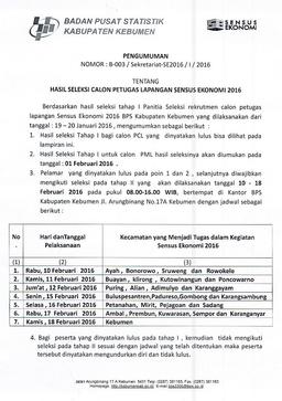 Surat Pengumuman Seleksi Tahap 1 Petugas Lapangan SE2016