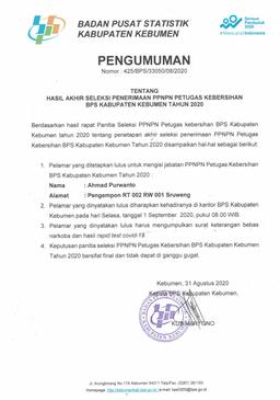 Hasil Akhir Seleksi PPNPN Tenaga Kebersihan BPS Kabupaten Kebumen Tahun 2020